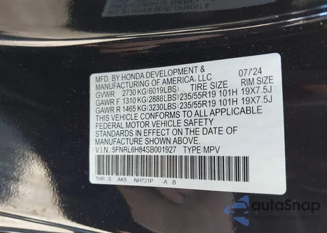 2025 Honda Odyssey Touring from USA, damaged, VIN 5FNRL6H84SB001927